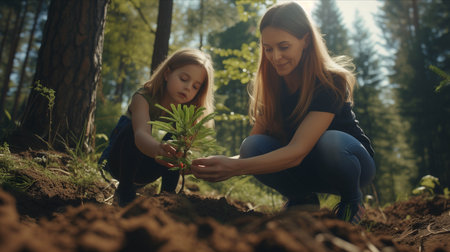 Caucasian mother and daughter planting trees in the forest.の素材