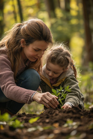 Caucasian mother and daughter planting trees in the forest.の素材