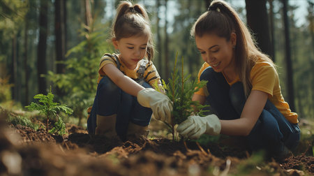 Caucasian mother and daughter planting trees in the forest.の素材