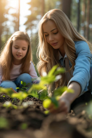 Caucasian mother and daughter planting trees in the forest.の素材