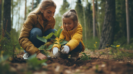 Caucasian mother and daughter planting trees in the forest.の素材