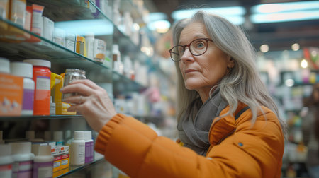 Senior Caucasian female customer picks up pill bottle in pharmacy.の素材