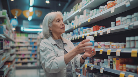 Senior Caucasian female customer picks up pill bottle in pharmacy.の素材