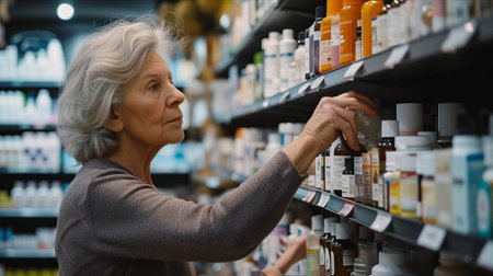 Senior Caucasian female customer picks up pill bottle in pharmacy.の素材