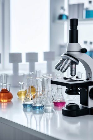Test tubes, beakers, microscope in white lab.の素材