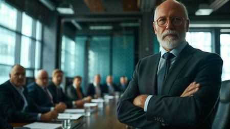Senior Caucasian businessman standing in front of conference table with confidence in office.の素材