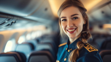 Caucasian female stewardess in uniform smiles with confidence in the interior of an airplane cabin.の素材