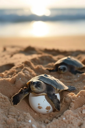 Sea turtles are hatching from eggs on the beach.の素材