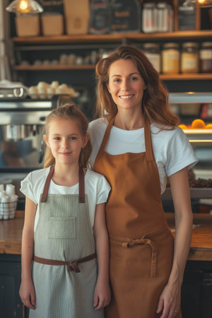 Caucasian mother and daughter hugging each other in a coffee shop.の素材