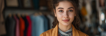 Caucasian woman smiling with confidence in tailor shop.の素材