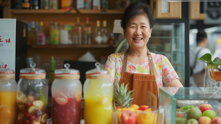 Asian senior woman smiling with confidence in smoothie shop.の素材
