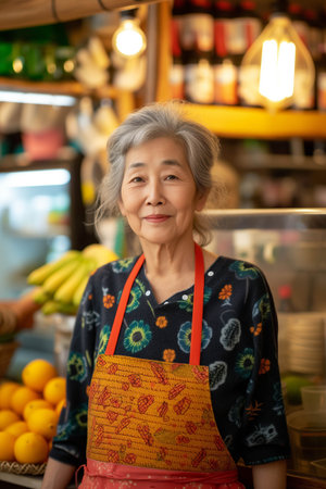 Asian senior woman smiling with confidence in smoothie shop.の素材