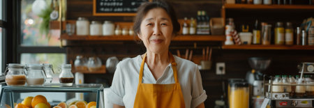 Asian senior woman smiling with confidence in smoothie shop.の素材