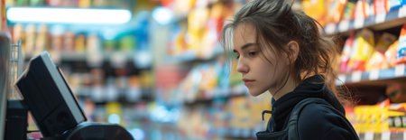 Caucasian female cashier scanning merchandise in convenience store.の素材