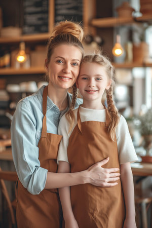 Caucasian mother and daughter hugging each other in a coffee shop.の素材