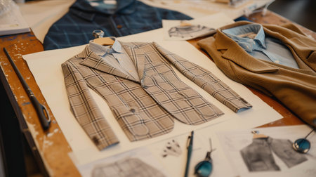 Closeup of tailor designing men's clothes in office.の素材
