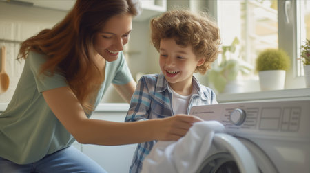 Caucasian mother and son washing clothes together in the house.の素材