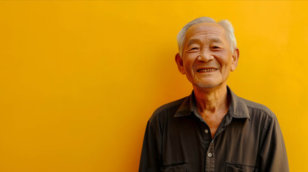 Asian elderly man on a yellow background.の素材