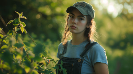 Caucasian female farmer wearing overalls working in the garden.の素材