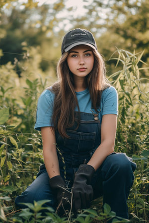 Caucasian female farmer wearing overalls working in the garden.の素材