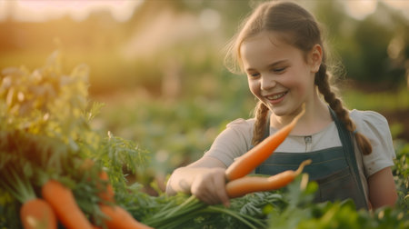 Caucasian girl harvesting carrots on the farm.の素材
