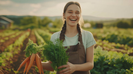 Caucasian girl harvesting carrots on the farm.の素材