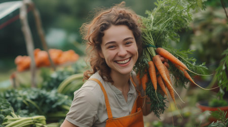 Caucasian girl harvesting carrots on the farm.の素材