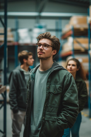 Caucasian team Confident working at the warehouse.の素材