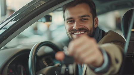 Caucasian man shows car keys in his hand in car showroom.の素材