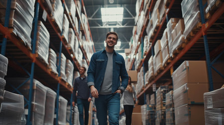 Caucasian team Confident working at the warehouse.の素材