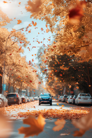 Autumn maple leaves falling on the city street.の素材