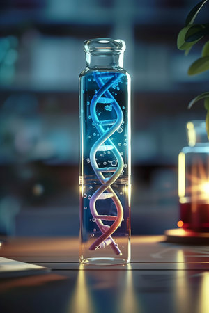 Chemistry flask with DNA-shaped liquid in the lab.の素材