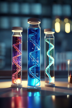 Chemistry flask with DNA-shaped liquid in the lab.の素材