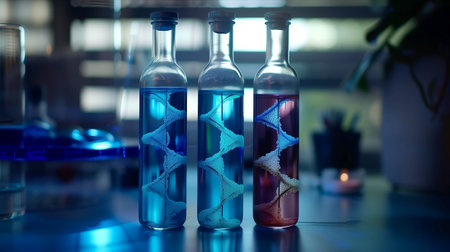 Chemistry flask with DNA-shaped liquid in the lab.の素材