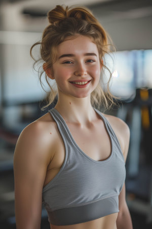 Caucasian woman in exercise clothes smiling confidently in the gym.の素材