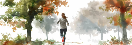Watercolor, back view of female athlete in exercise clothes running in the park.の素材