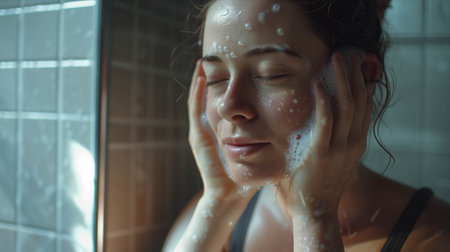 Caucasian woman washing her face in the bathroom.の素材