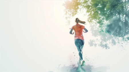 Watercolor, back view of female athlete in exercise clothes running in the park.の素材