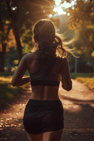 Rear view of female athlete in exercise clothes running in the park.の素材