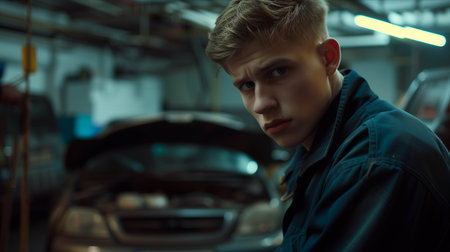 Caucasian man repairing car in auto repair shop.の素材