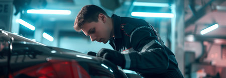 Caucasian man repairing car in auto repair shop.の素材