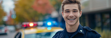 A Caucasian male police officer smiles with confidence while working the streets.の素材