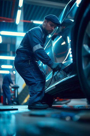 Caucasian man repairing car in auto repair shop.の素材
