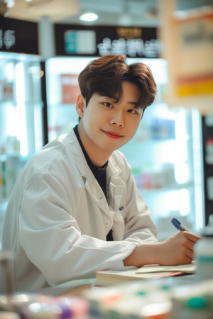 Asian male pharmacist checking documents in pharmacy.の素材