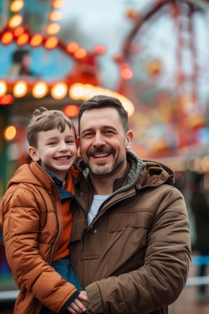 Caucasian father holding son in amusement park.の素材