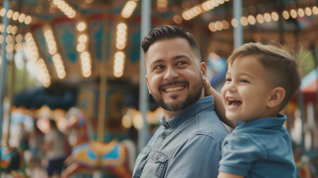 Caucasian father holding son in amusement park.の素材
