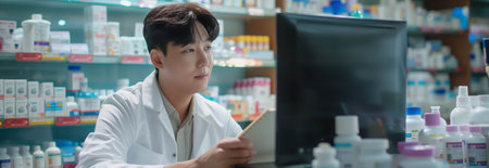 Asian male pharmacist checking documents in pharmacy.の素材