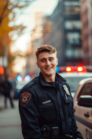 A Caucasian male police officer smiles with confidence while working the streets.の素材