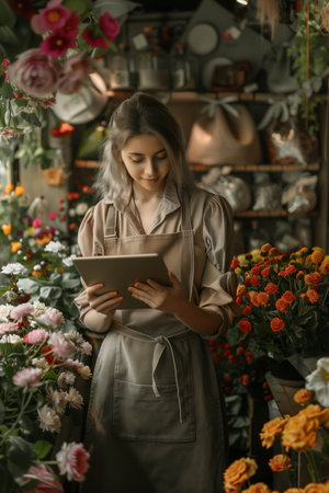 Caucasian woman using tablet in flower shop.の素材