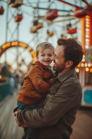 Caucasian father holding son in amusement park.の素材
